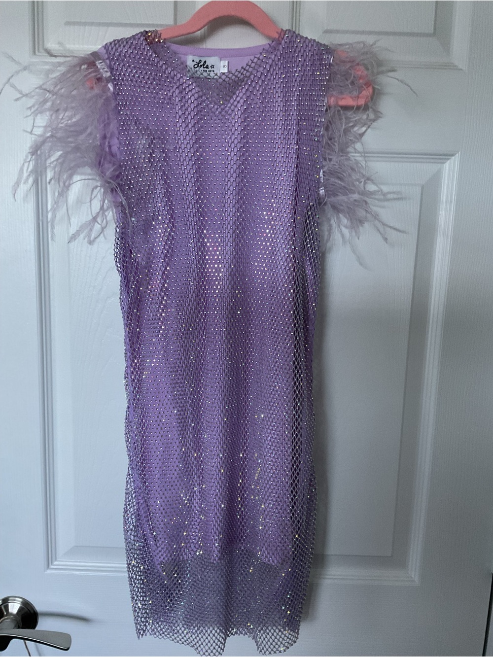 Ooh! La, La! Couture Lavender Sequin Mesh Dress with Feather Sleeves size 8